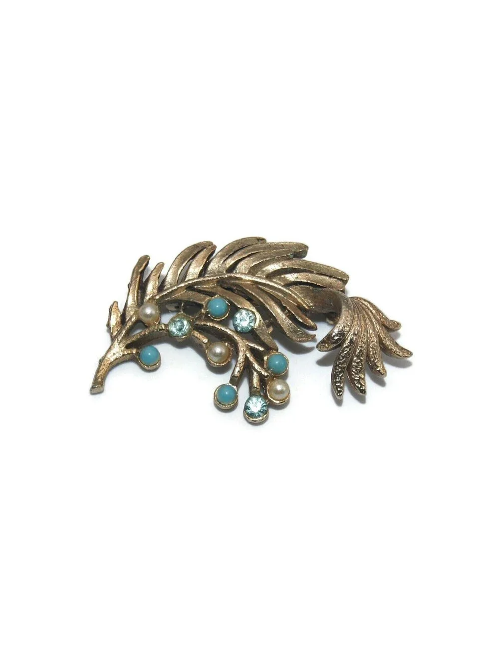 VTG Gold Tone Leaf Branch Brooch, Blue Rhinestones, Blue Pearls, White Pearls.